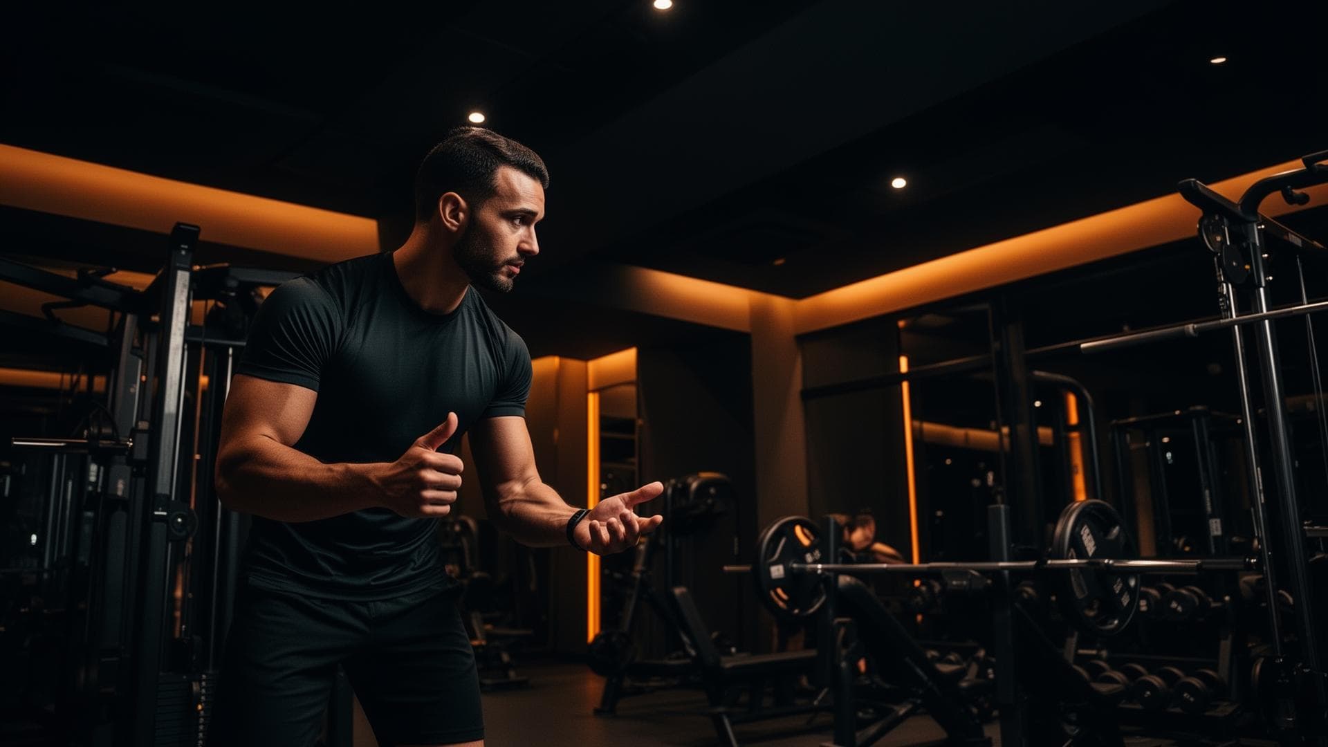 Coach sportif accompagnant un client dans une salle de sport premium